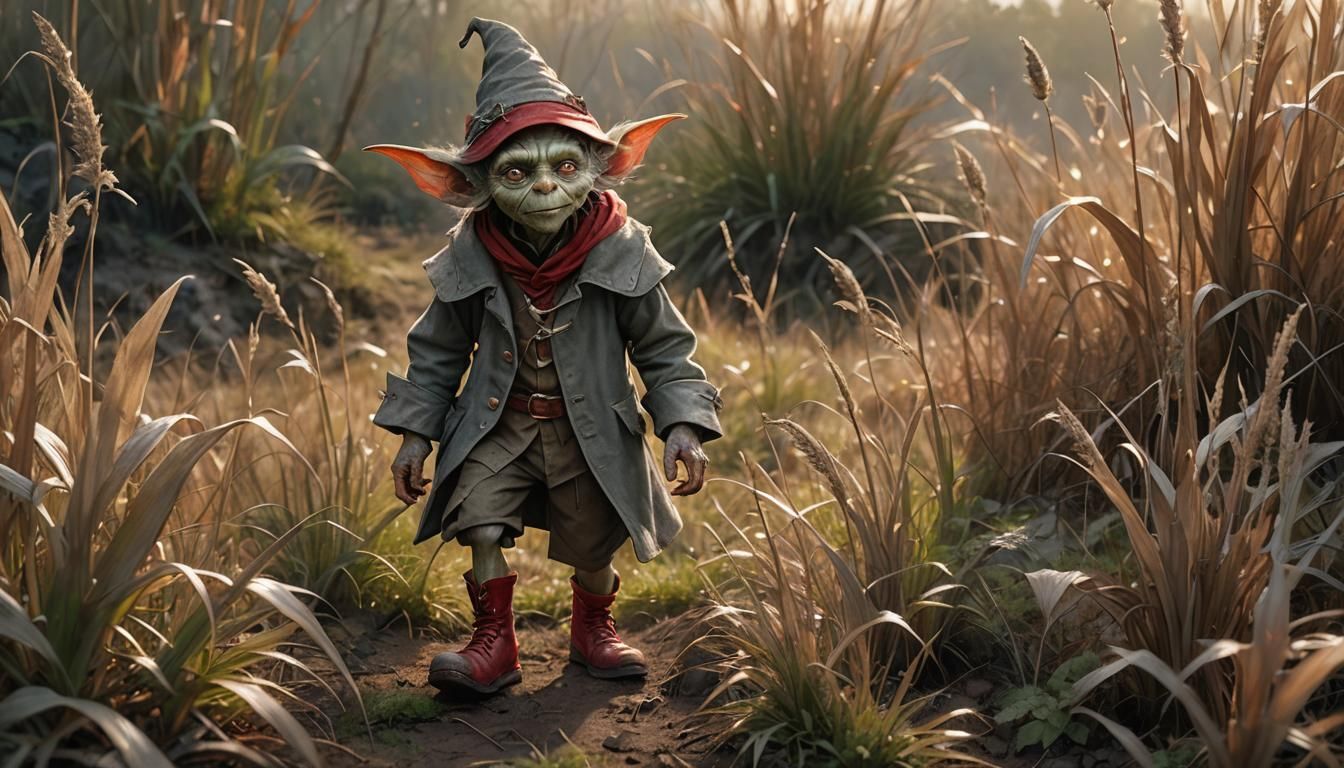 Goblin Fairy in Red Cap Amidst Tall Grass