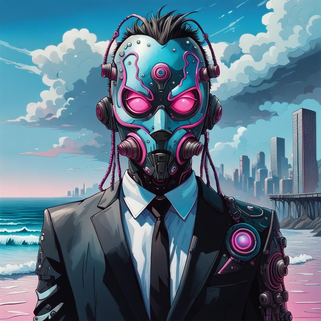 Cybergoth Man with Glowing Eyes by the Ocean