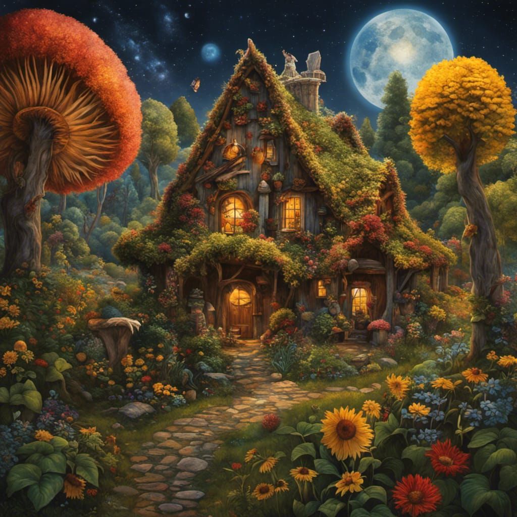 Sunflower House in Fairy Forest: Surreal Oil Painting
