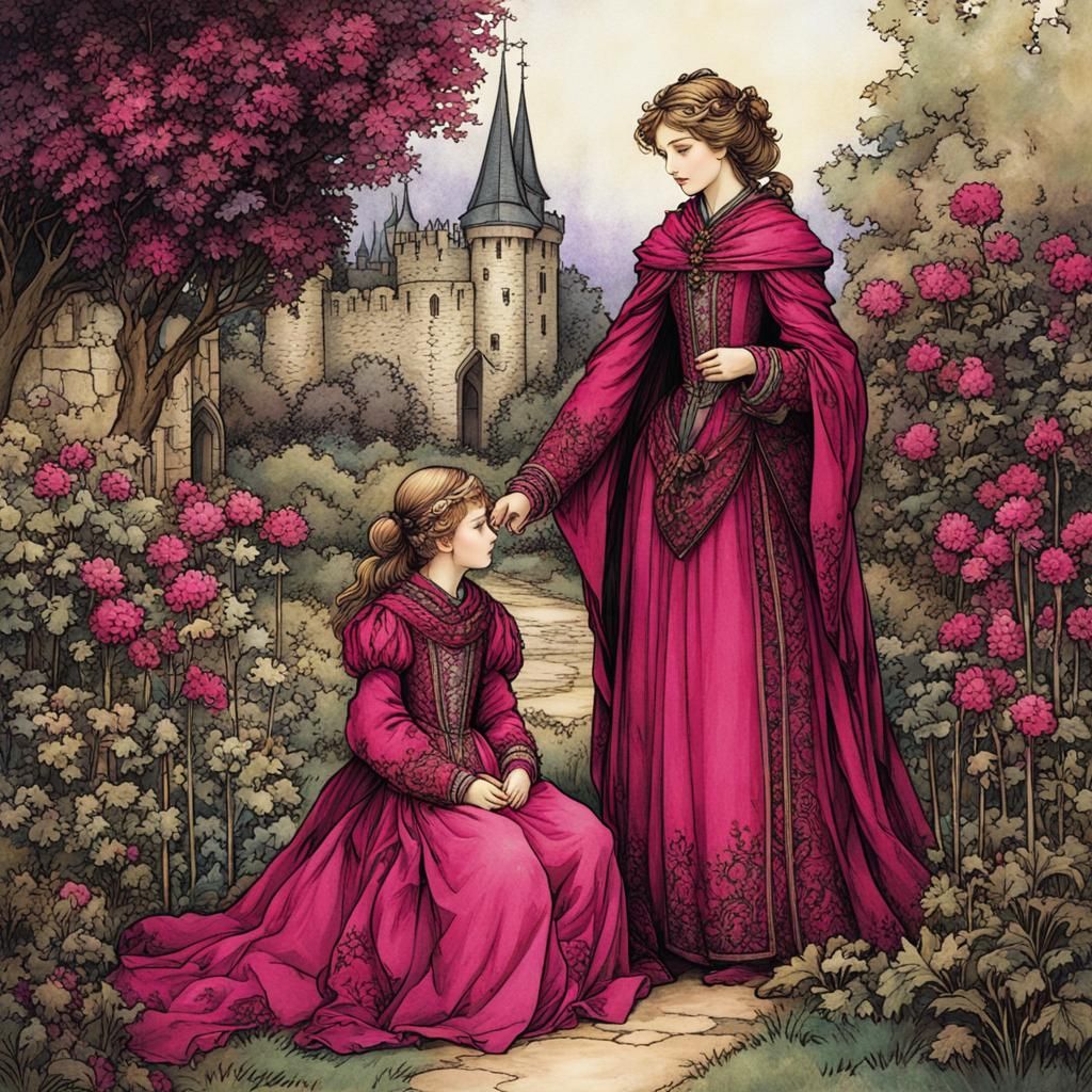 Medieval Mother and Son in Fairytale Garden