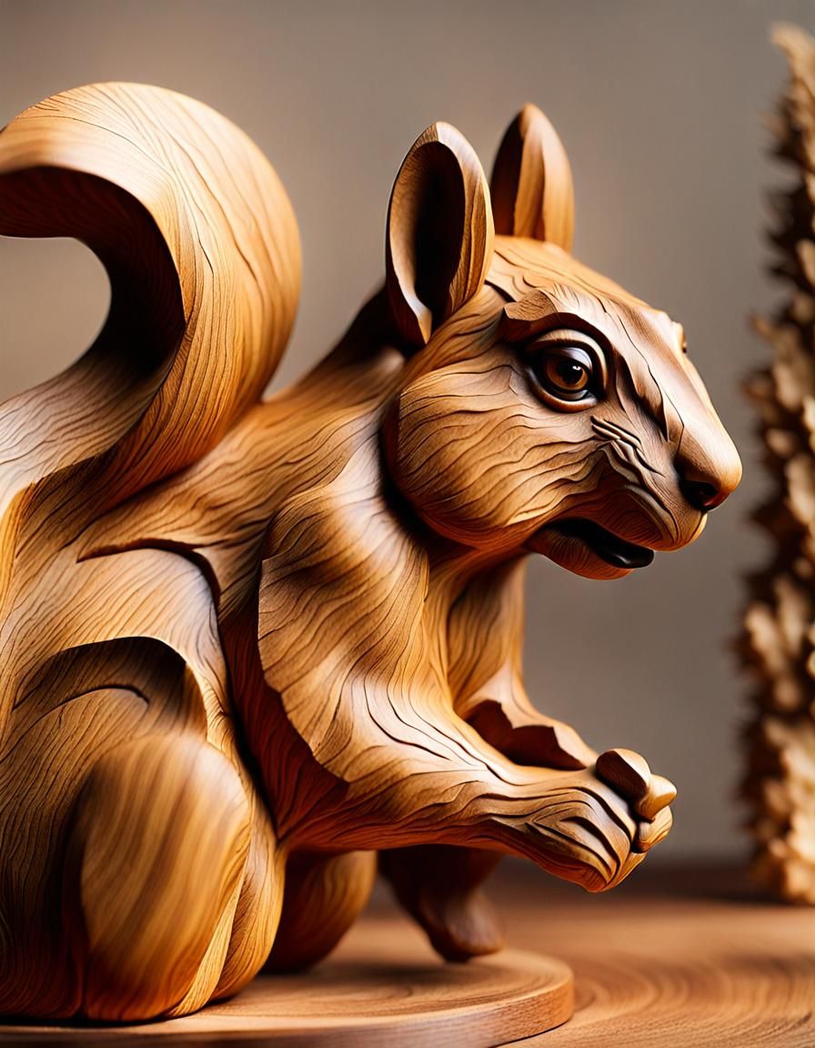 Detailed Wooden Squirrel Sculpture in Gibbons Style
