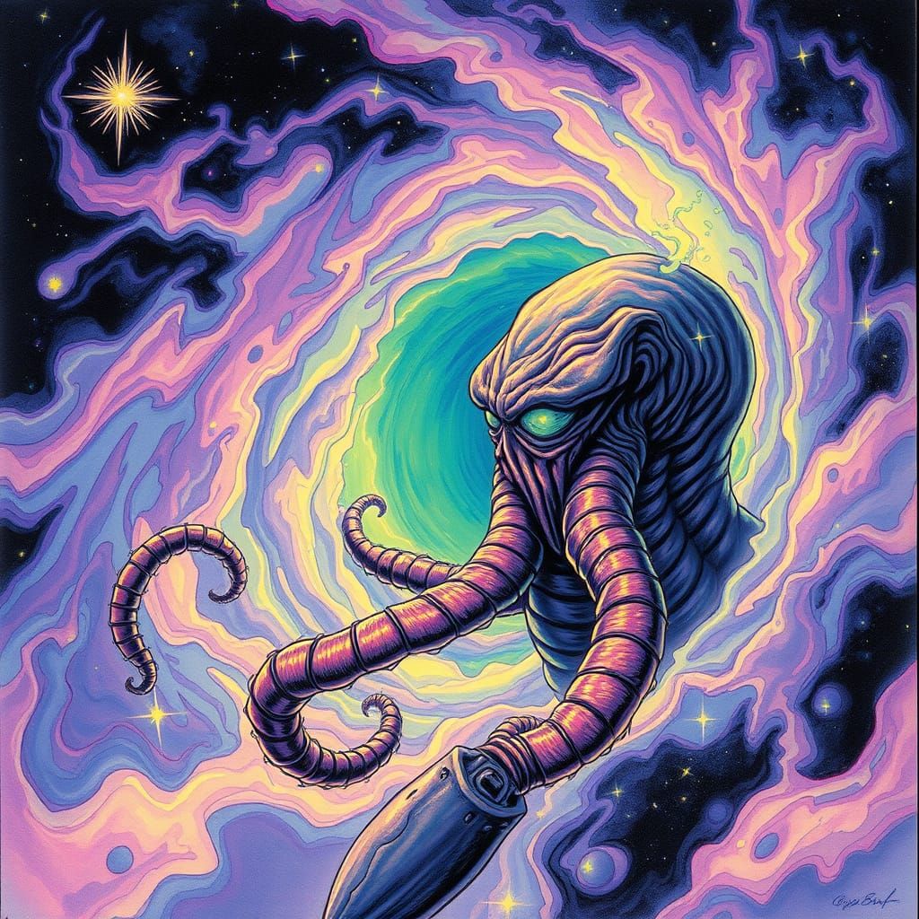 Cosmic Horror Emerge from Iridescent Vortex in Space