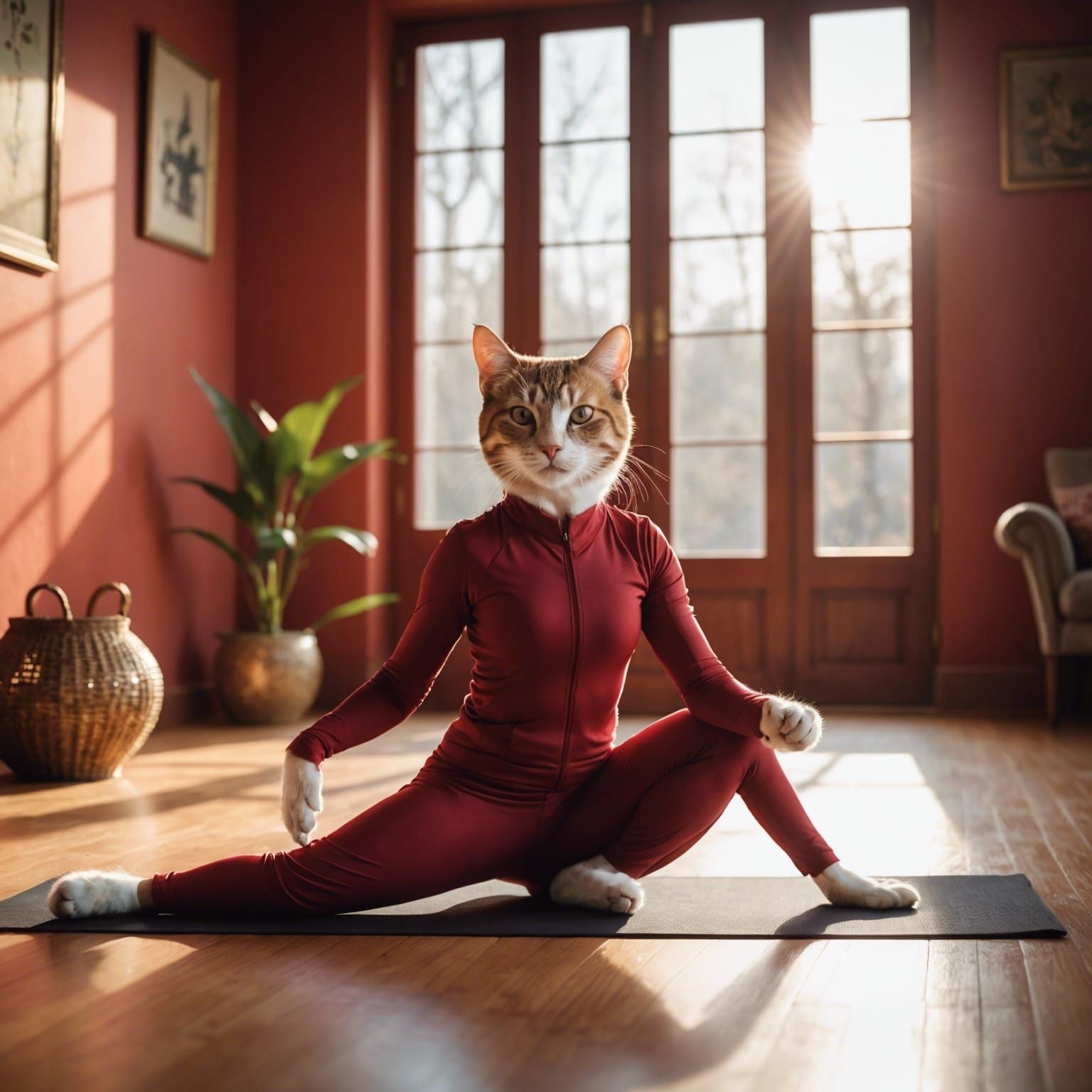 Elegant Yoga Cat in Crimson: Detailed Matte Painting