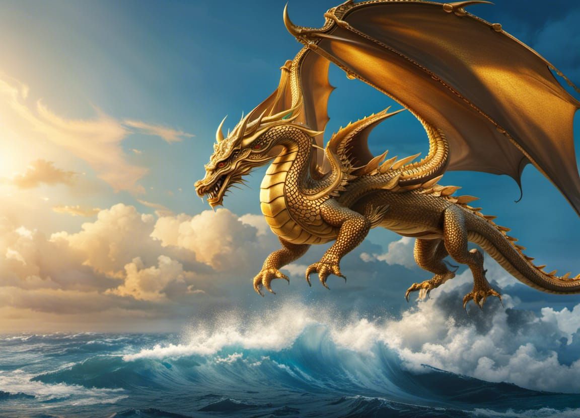 Golden Dragon Flight: Detailed Matte Painting in 8k
