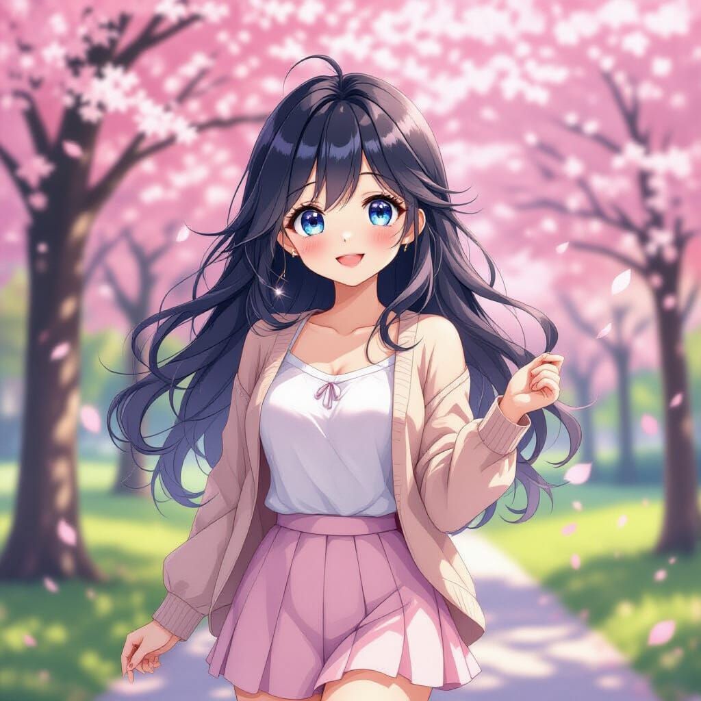 Adorable Anime Girl in Cherry Blossom Park