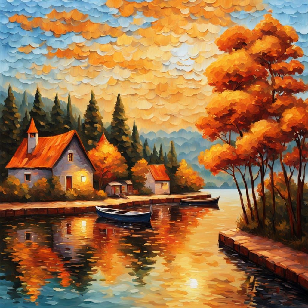 Golden Village: Impasto Painting of Lake at Sunset