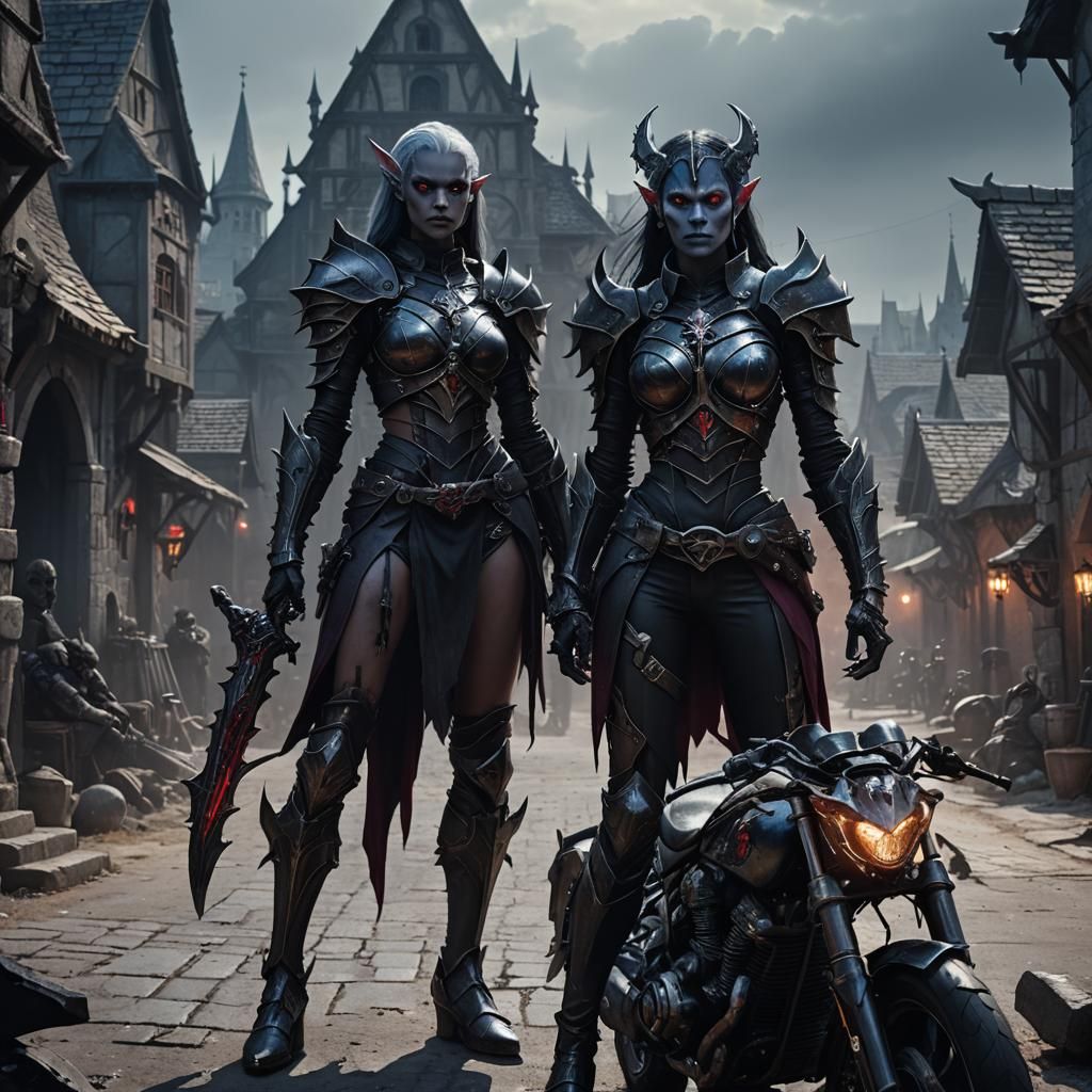 Dark Elf and Necro Motorcycle in Gray Village