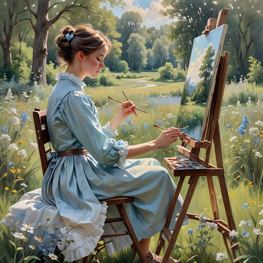 Painter in Pastel Oil Painting with Wildflower Grove