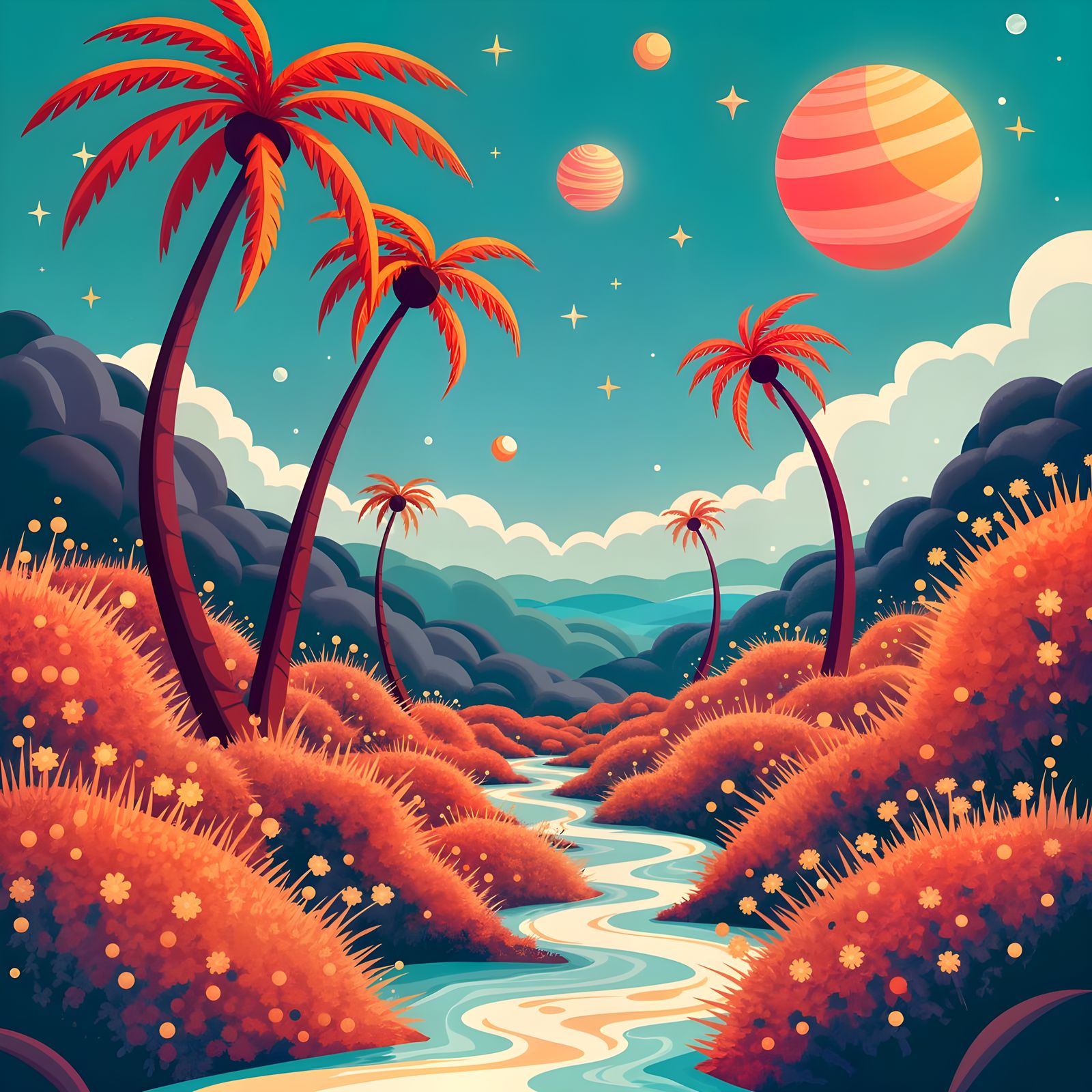 Surreal Nature Scene with Curved Palms in Pop Art Style