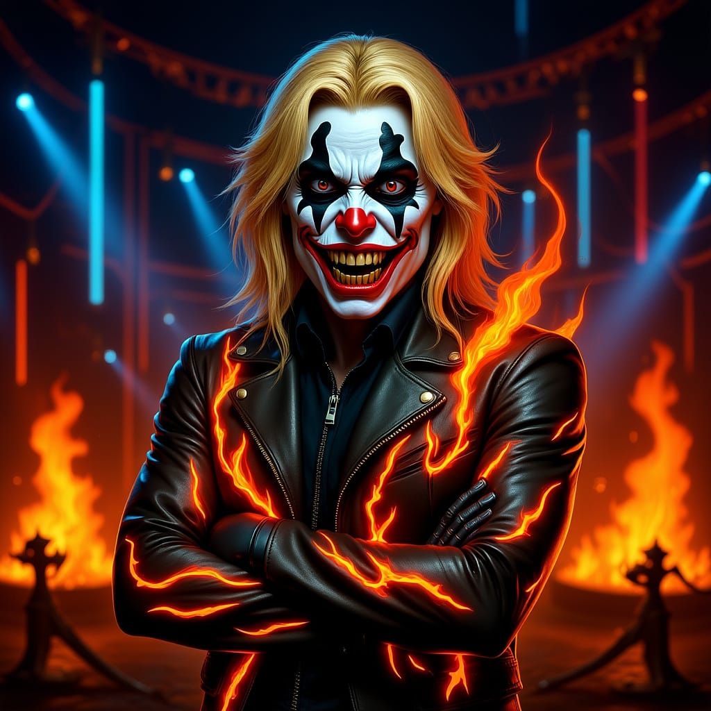 Glitched Clown in Cybernetic Circus with Fire