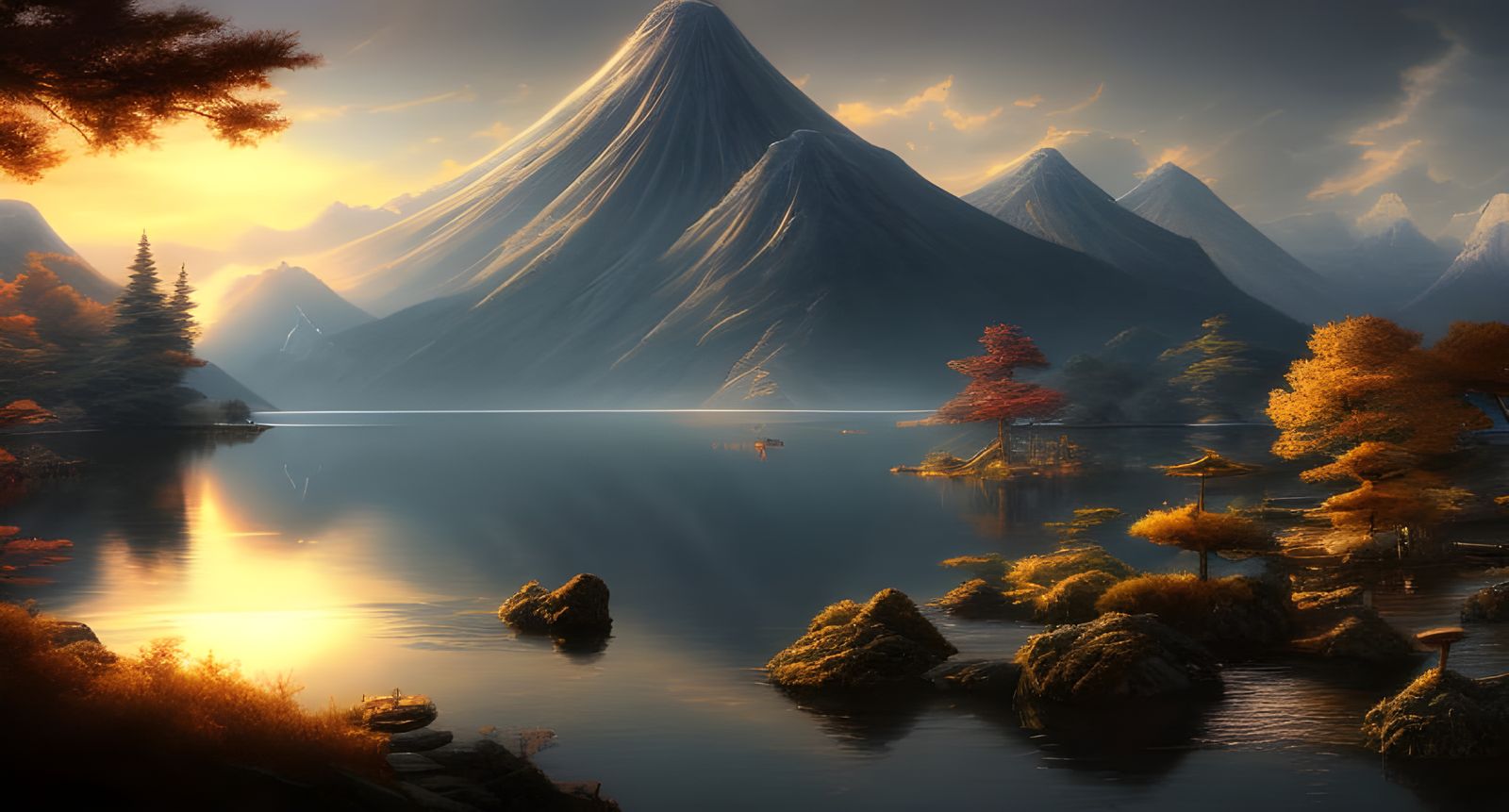 Magical Japanese Mountain Sunset Landscape in Digital Art
