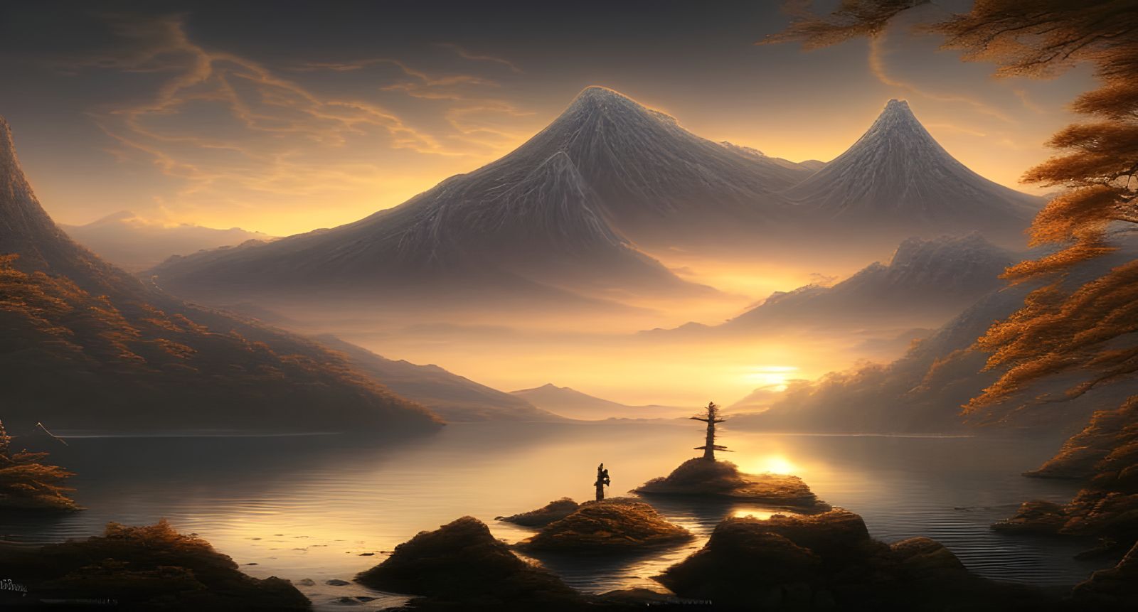 Magical Japanese Mountain Lake Sunset: Digital Illustration