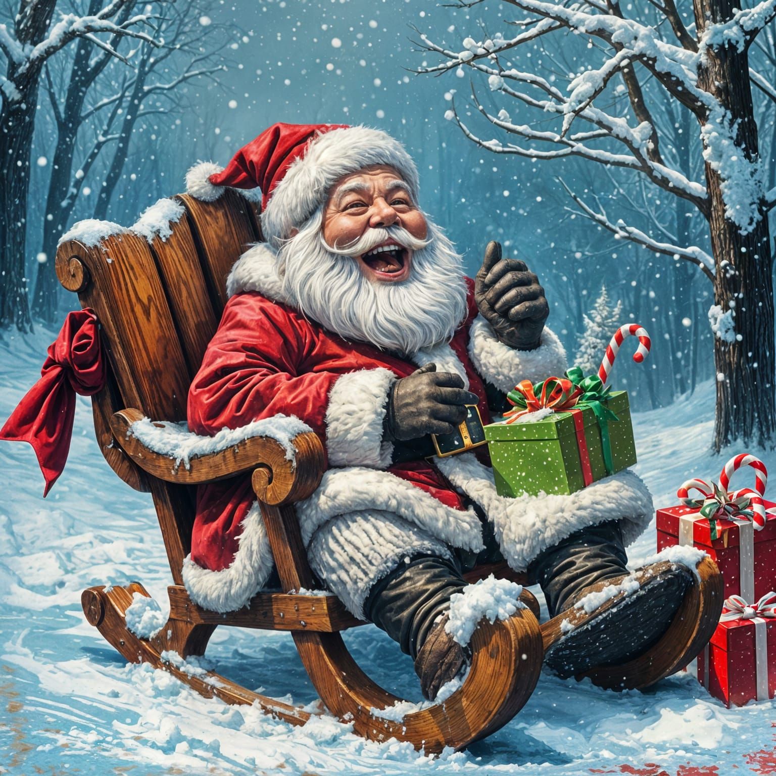 Laughing Santa on Snowy Sleigh in Street Art Style