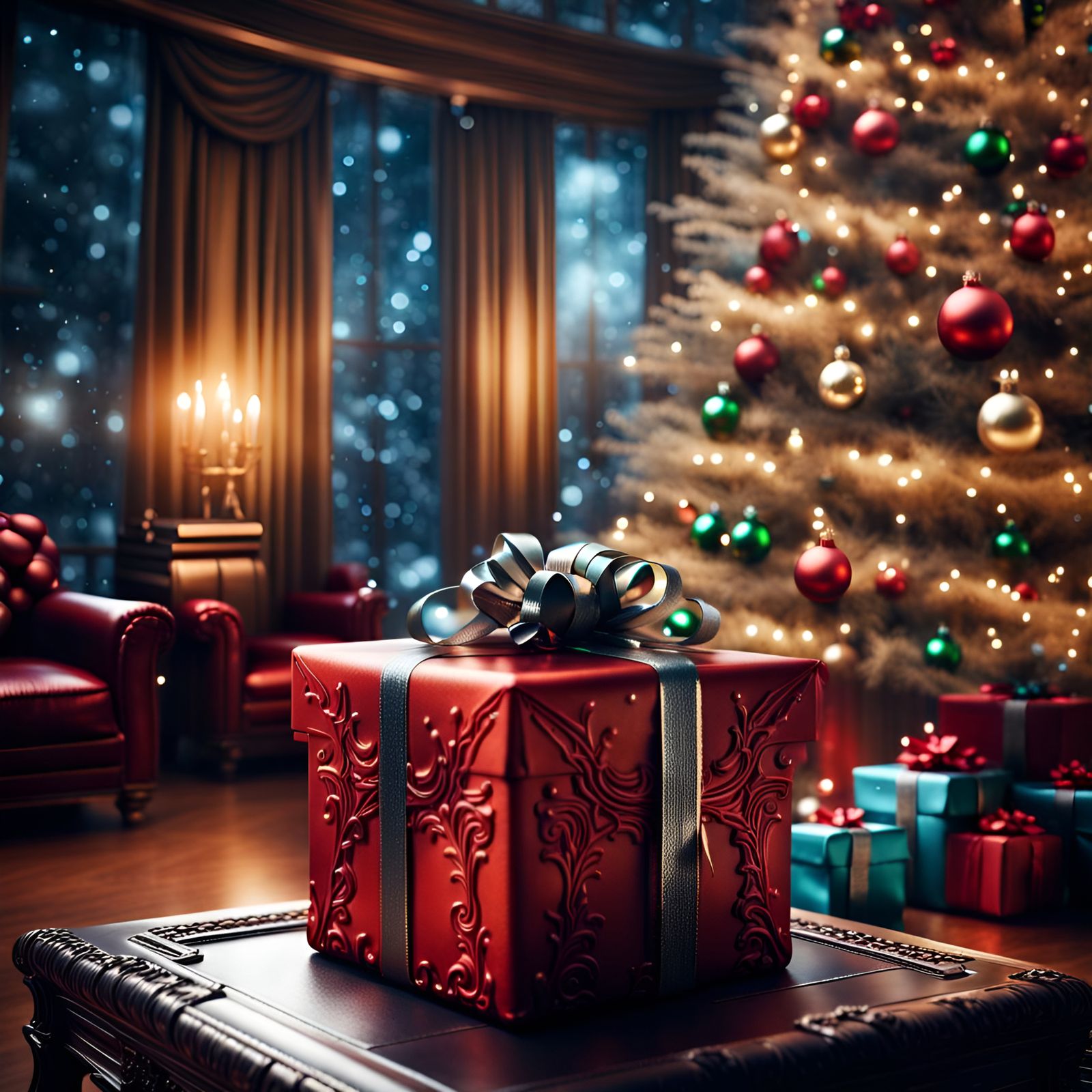Merry X Mas            
luxury christmas parcel in front of christmas tree