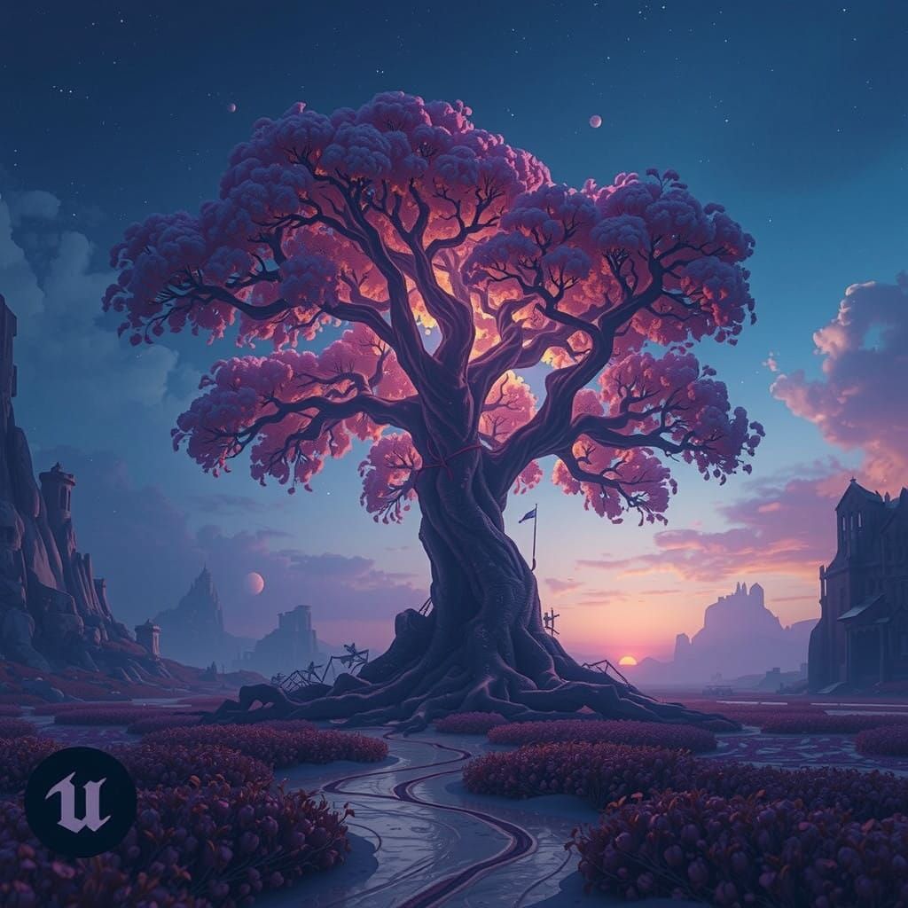 Majestic Tree in Vibrant Gradient Sky