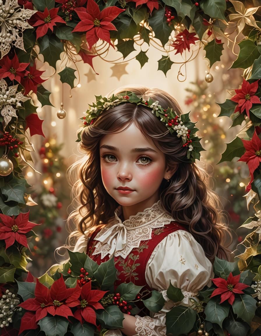 Vintage Christmas Girl Surrounded by Holiday Decor