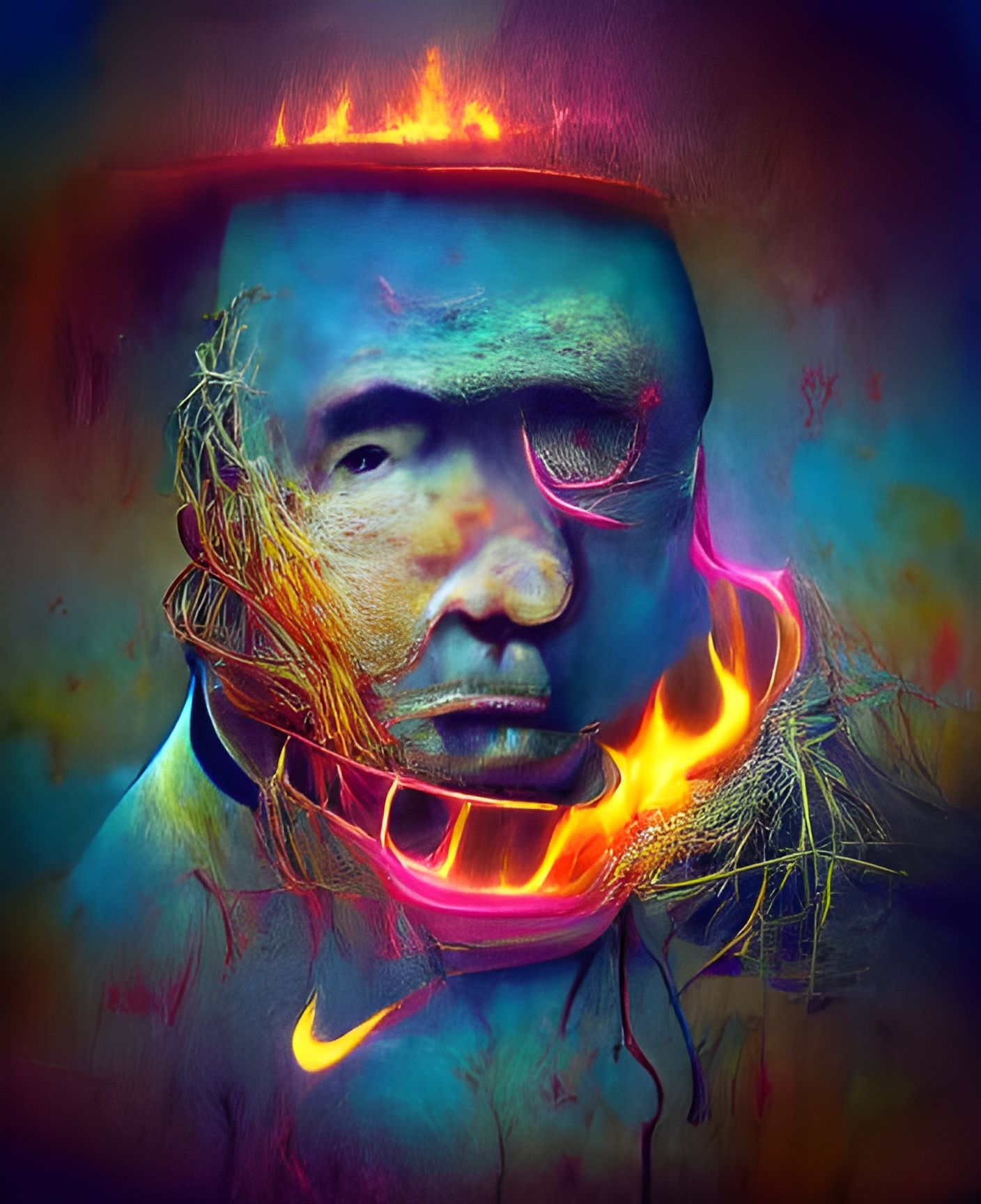 Neon Man on Fire in Film Noir Style