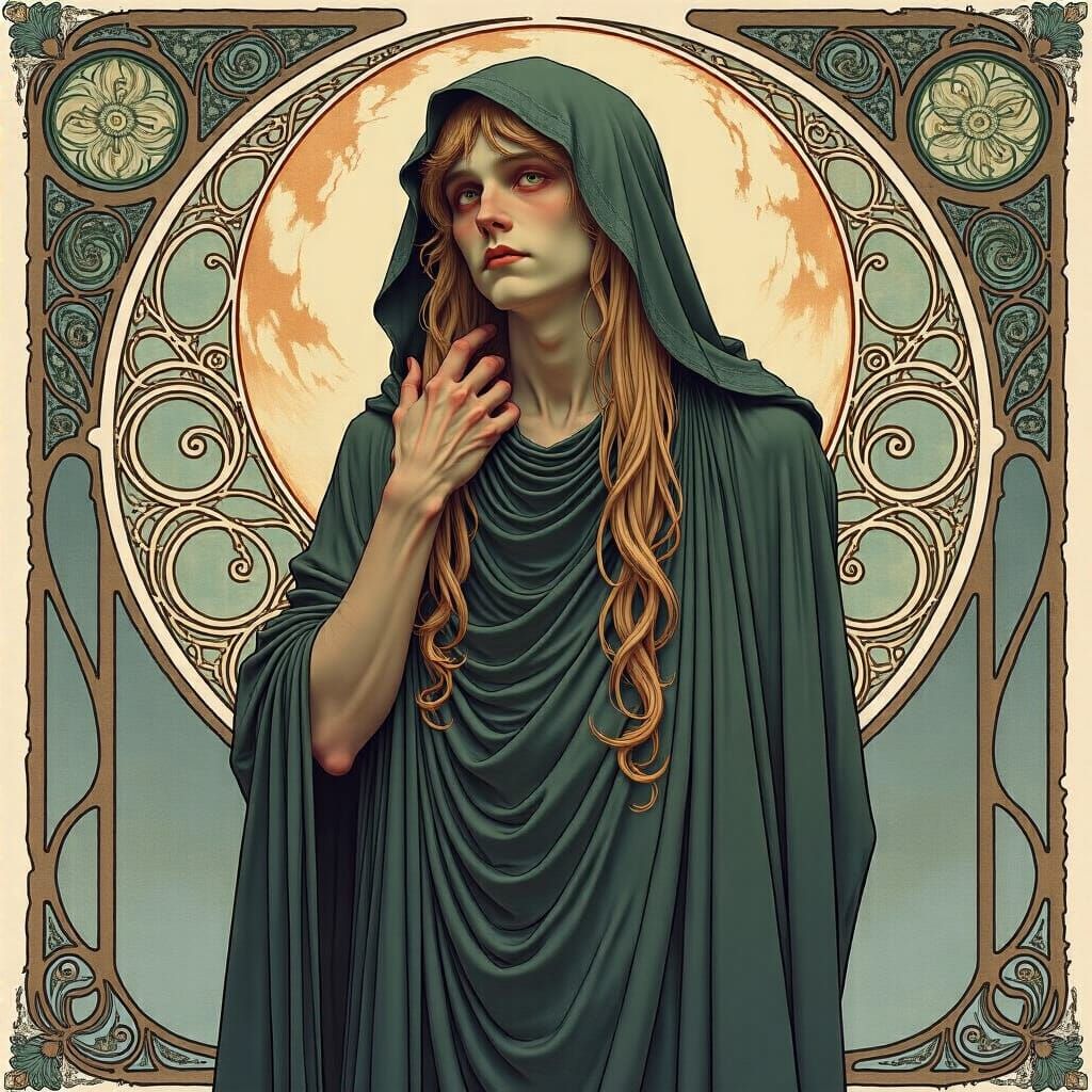 Grimdark Scene in Art Nouveau Style by Alphonse Mucha