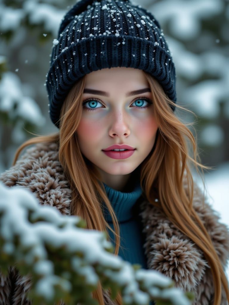 Snowy Forest Portrait with Fur Coat, Photorealistic Style