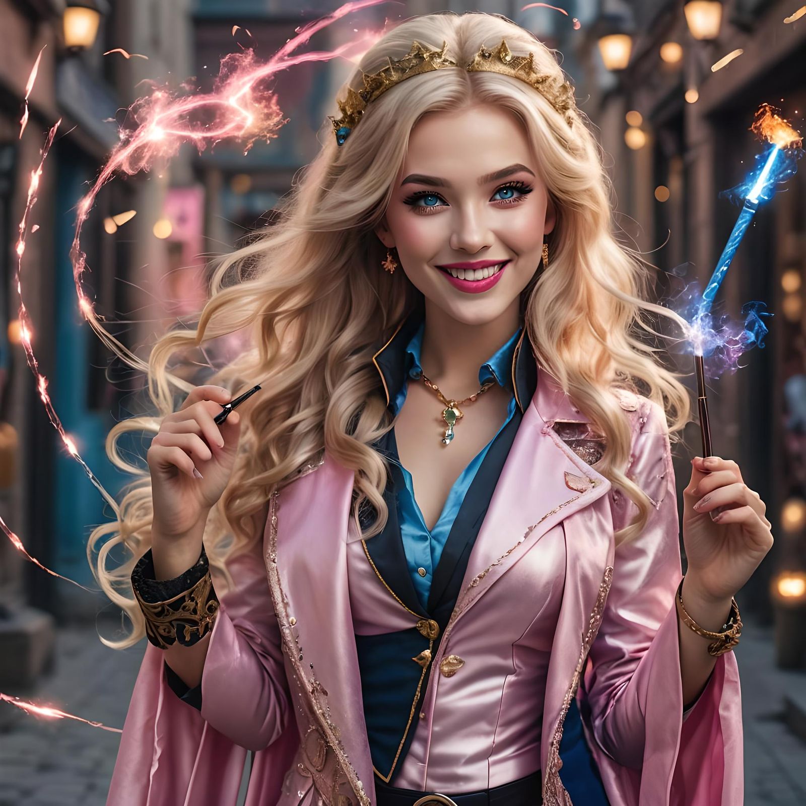 blode long hair Female magician in costume suit with magic stick, mesmerizing smile, bold eyebrows, glamour eyes, glamo...