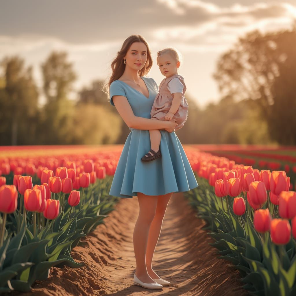 Woman and Child in Tulip Field on Sunny Day
