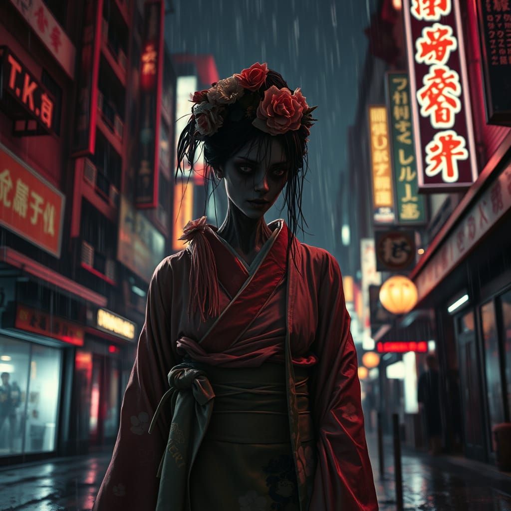 Zombie Geisha in a Cyberpunk Neo Tokyo