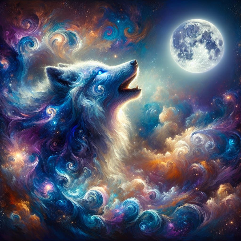 Ethereal Stardust Wolf Howling at Celestial Moon Oil Paintin...