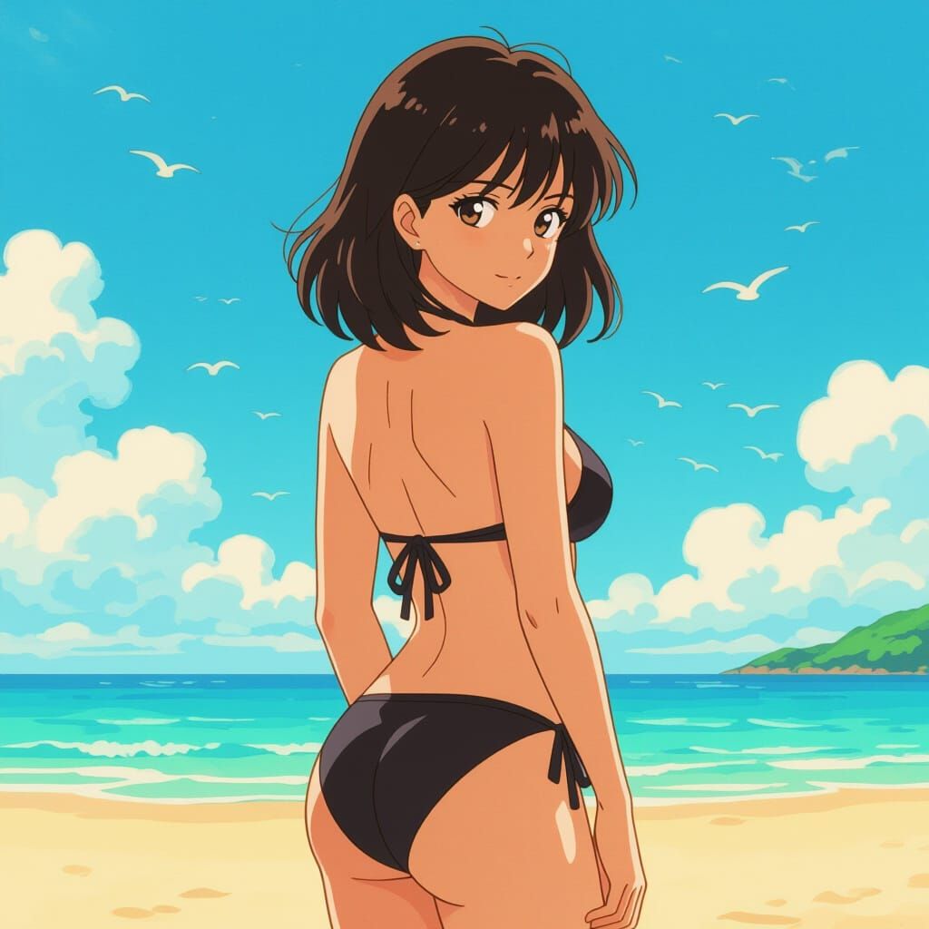 Anime Woman in Black Bikini on Beach