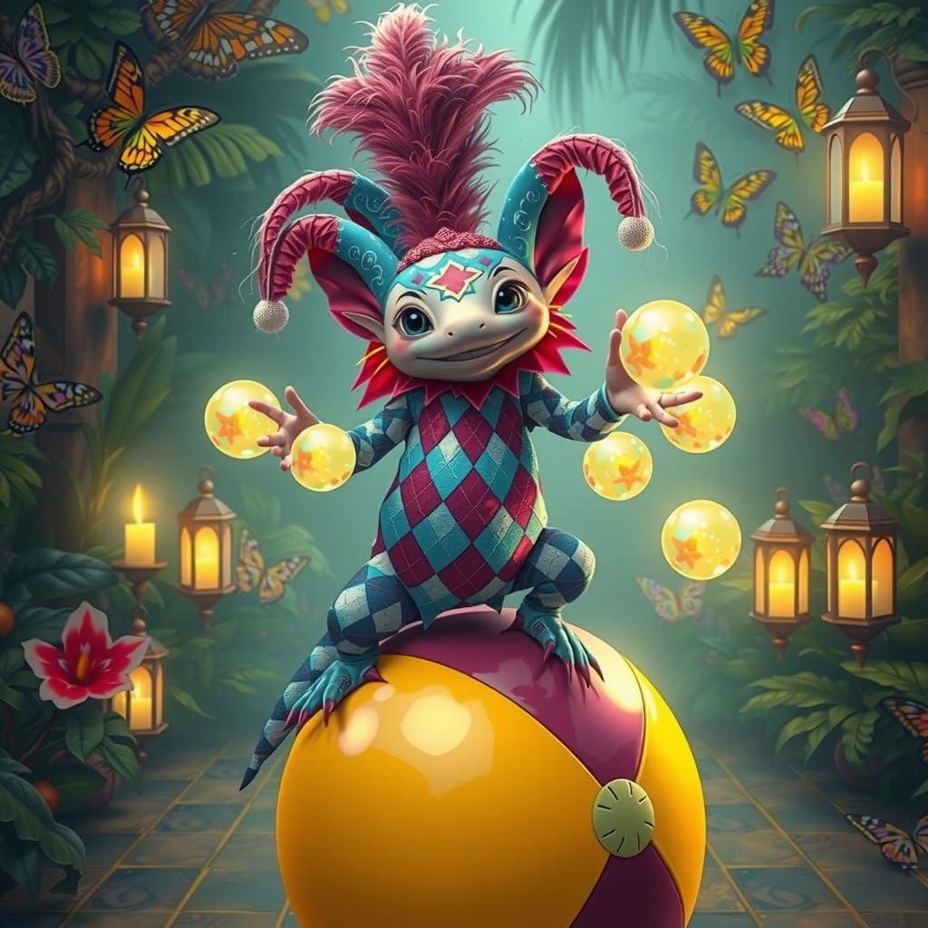 Whimsical Axolotl Jester in Vibrant Mexican Garden