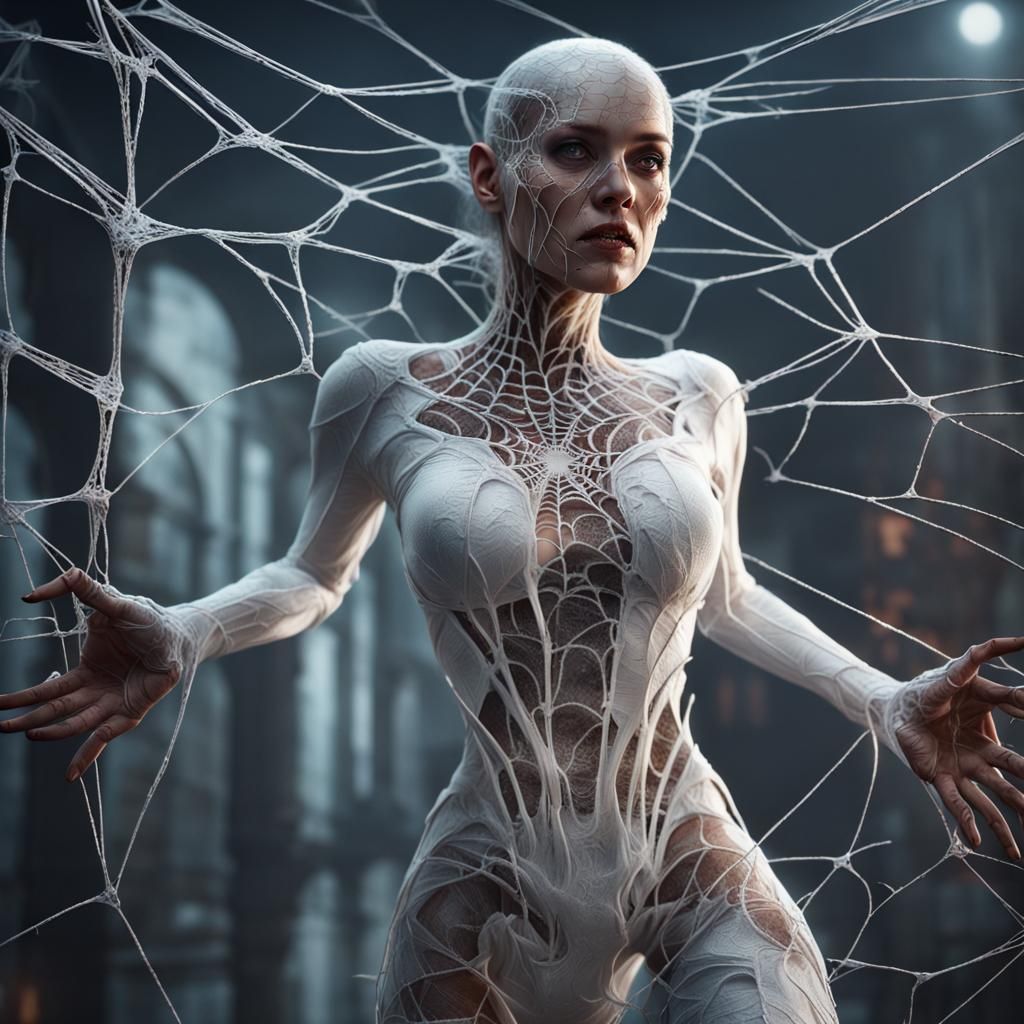 Horror Cyborg Lady in Spiderwebs: Detailed Matte Painting