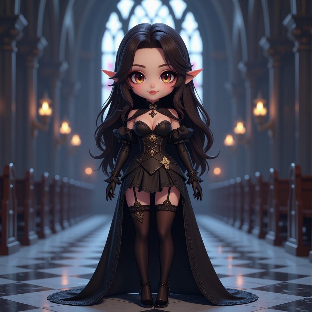 Chibi Drow Priestess in Gothic Cathedral