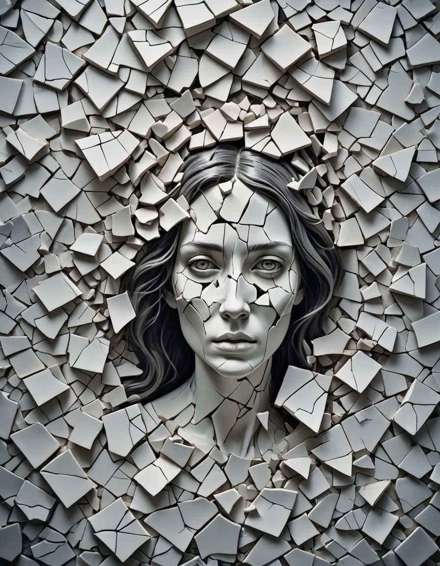 Surreal Porcelain Woman Shattered and Rebuilding