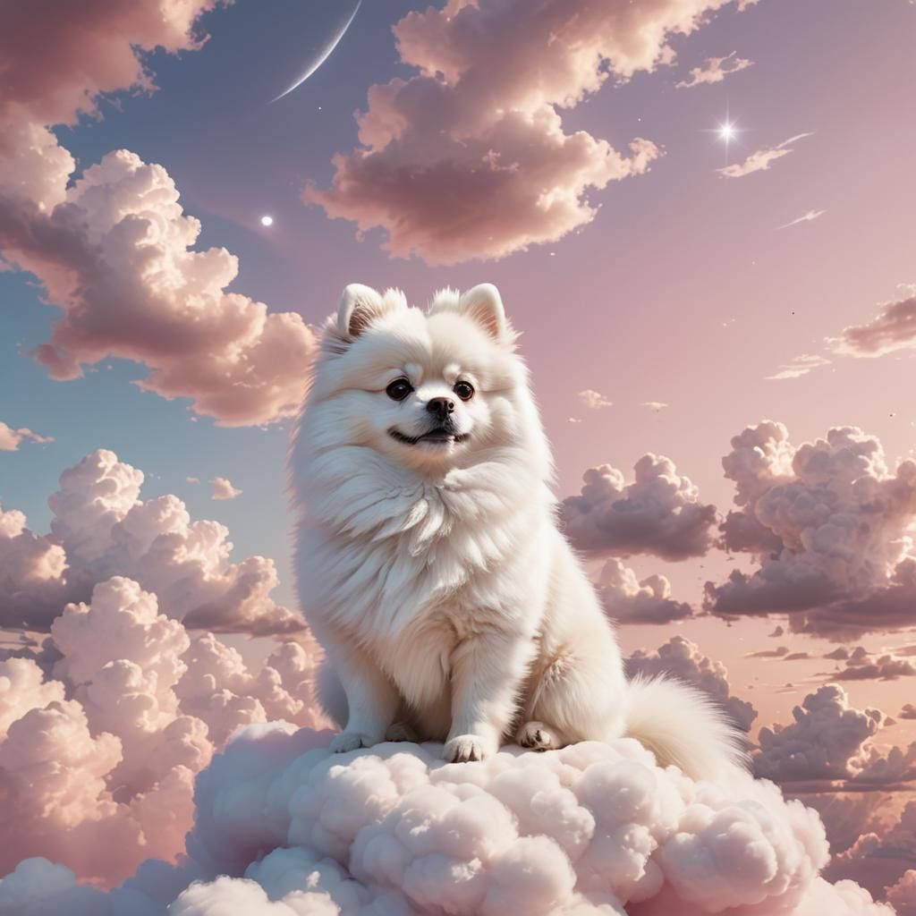 Pomeranian on Cloud in Pink Sky: 3D Anime Art