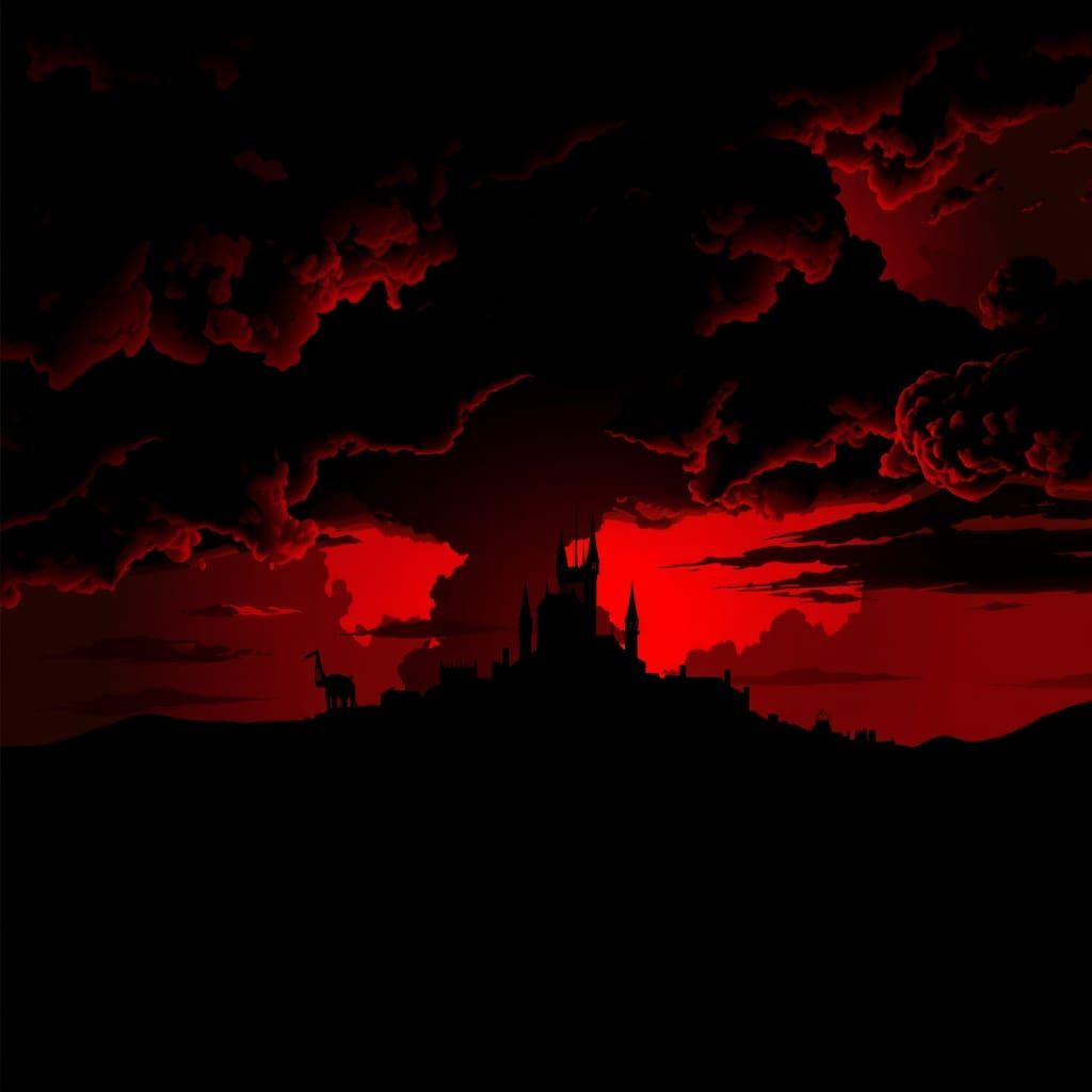Dark City Silhouette Against Ominous Red Sky