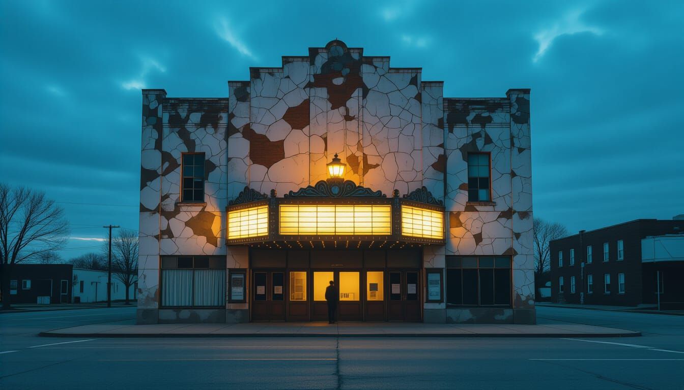 Dilapidated Theater at Sundown in Hyperrealistic Style