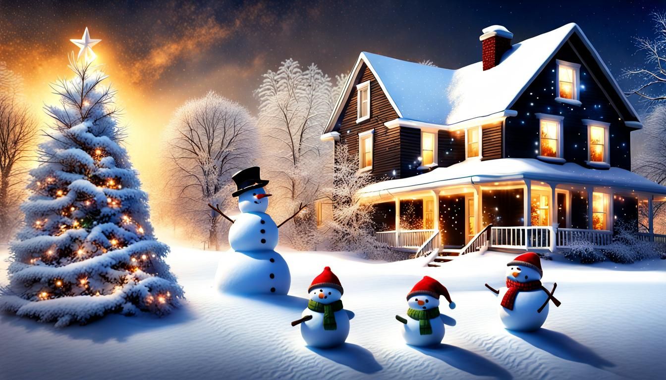 Festive Winter Scene with Snowmen and Christmas Lights