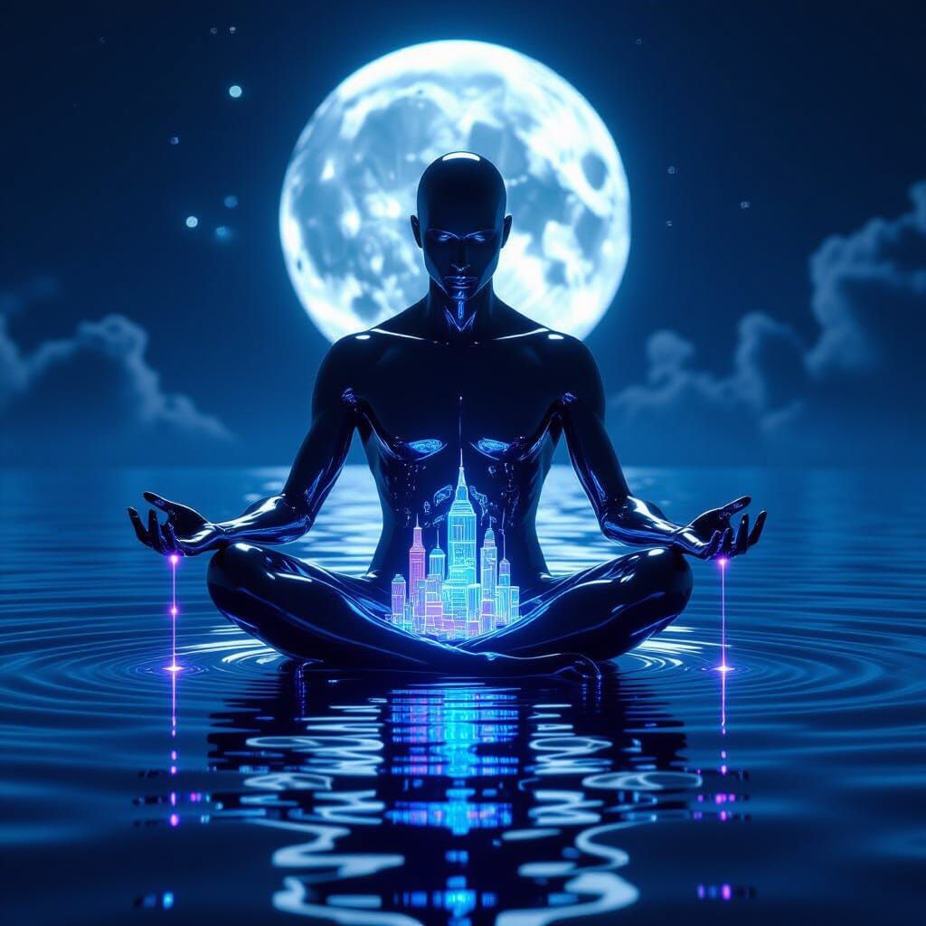 Mercury Figure on Moonlit Ocean with Neon Light