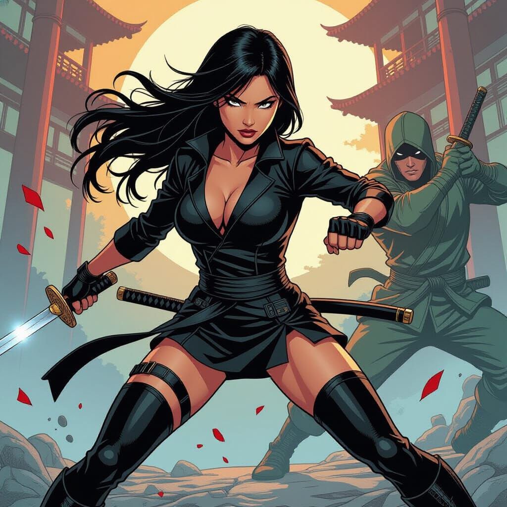 Asian Ninja vs. Assassin in Comic Book Style