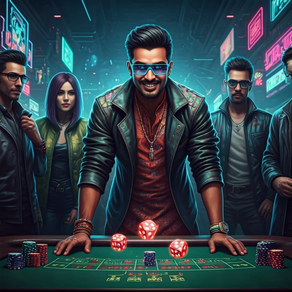 Cyberpunk Rogue with Indian Features at Gambling Table