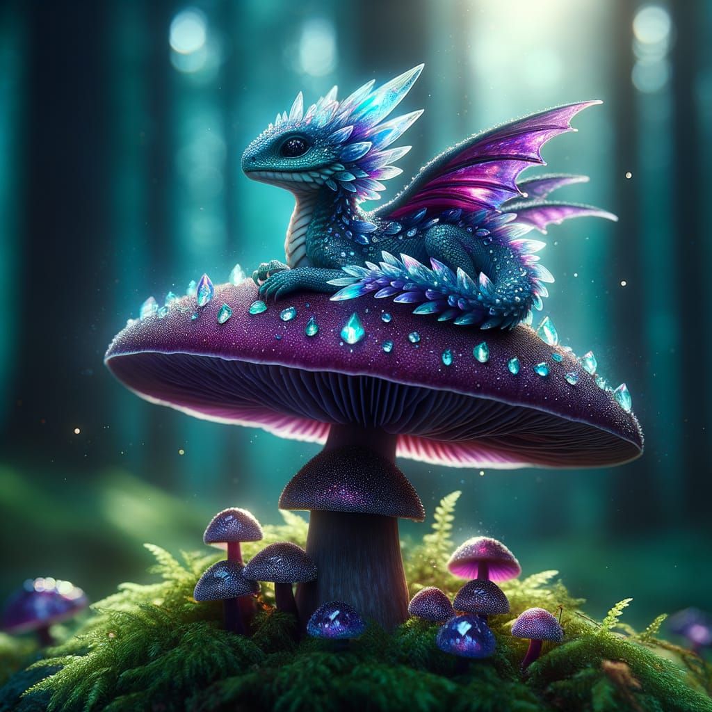 Crystal Dragon Perched on Enchanted Mushroom