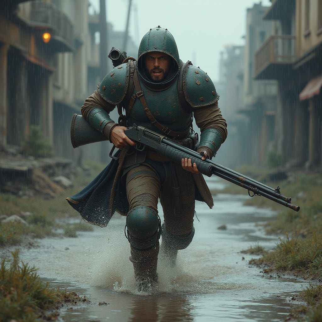 Warrior Runs Through Ruined Street in Heavy Rain, Holding Sh...