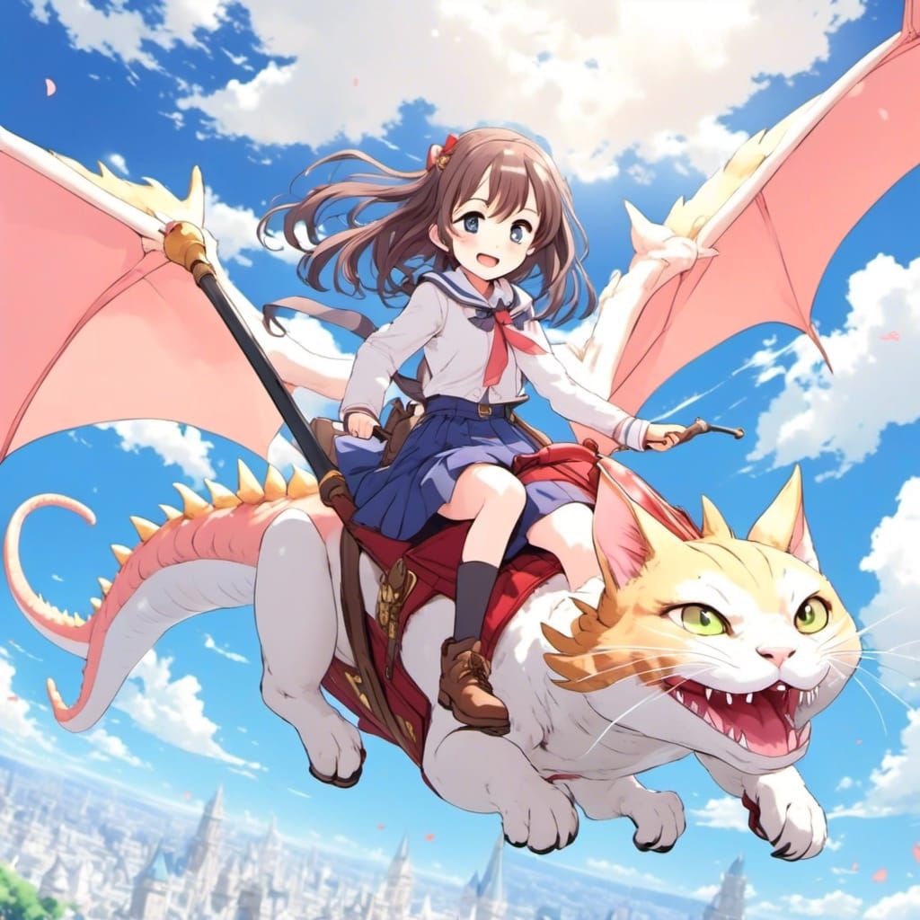 Girl and Cat Ride Dragon in Anime Style