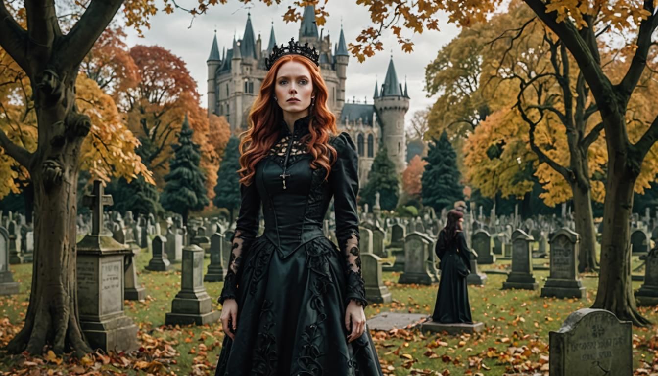 Red-Haired Queen in Autumn Cemetery Scene