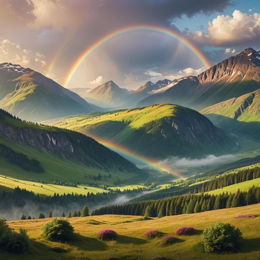 Rainbow Over Nordic Mountains: Vibrant Digital Art