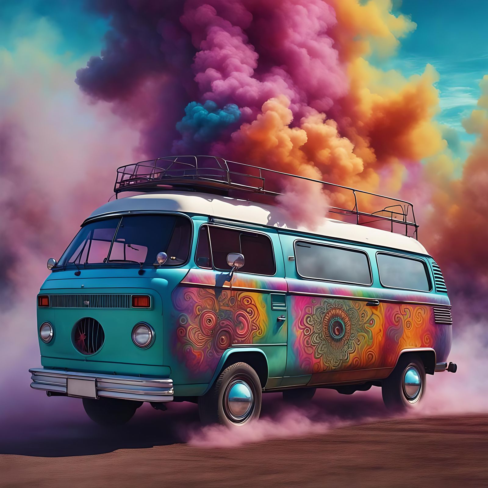 Psychedelic 80s Van in Hyperrealistic Smoke