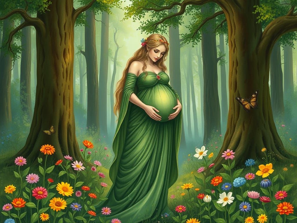 Pregnant Earth Goddess in Lush Forest Art