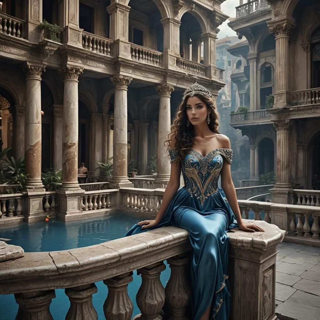 Girl on Balcony with Marble Pillars