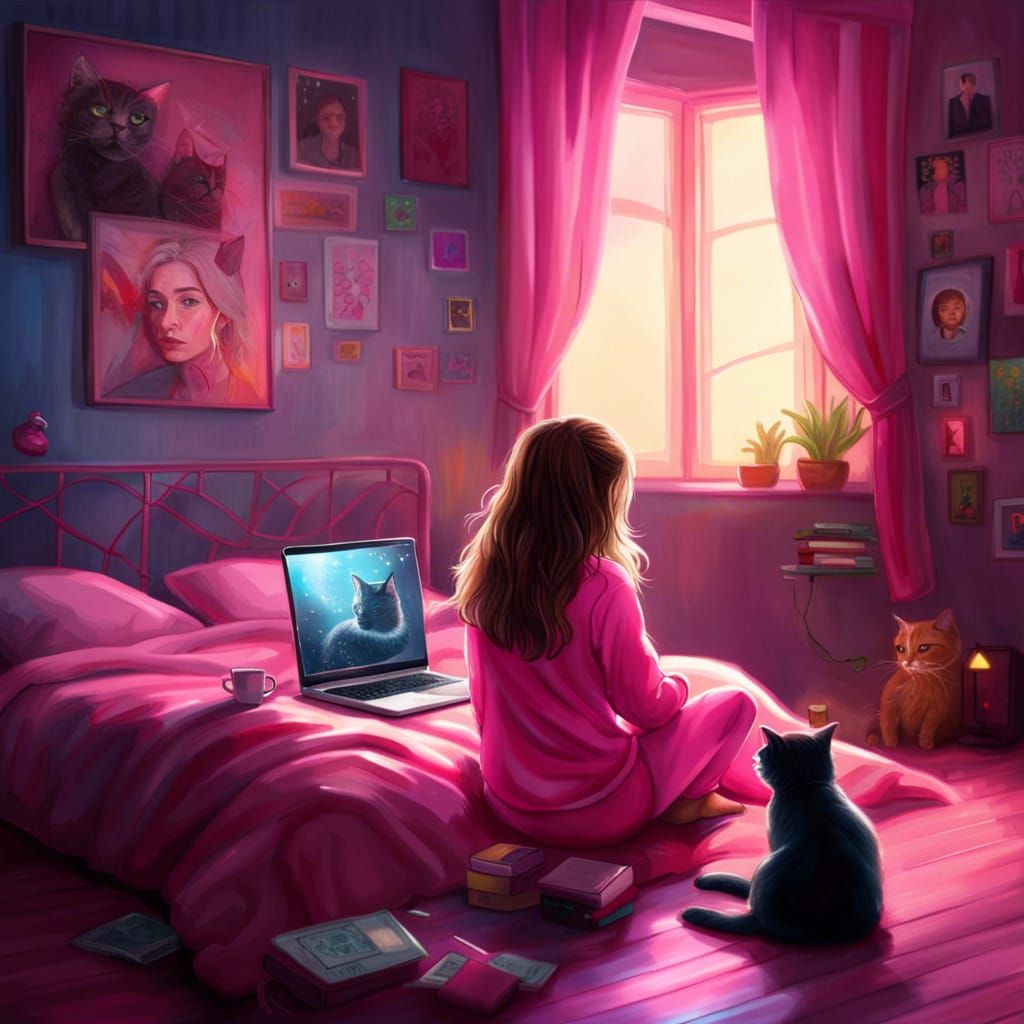 Girl and Cat Watch Movie: Hyperrealistic Concept Art