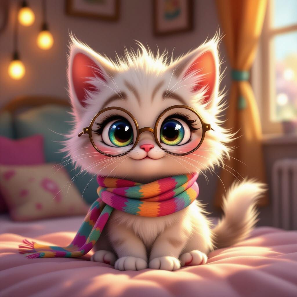 Cartoon Kitten with Glasses in Pixar-Style Illustration