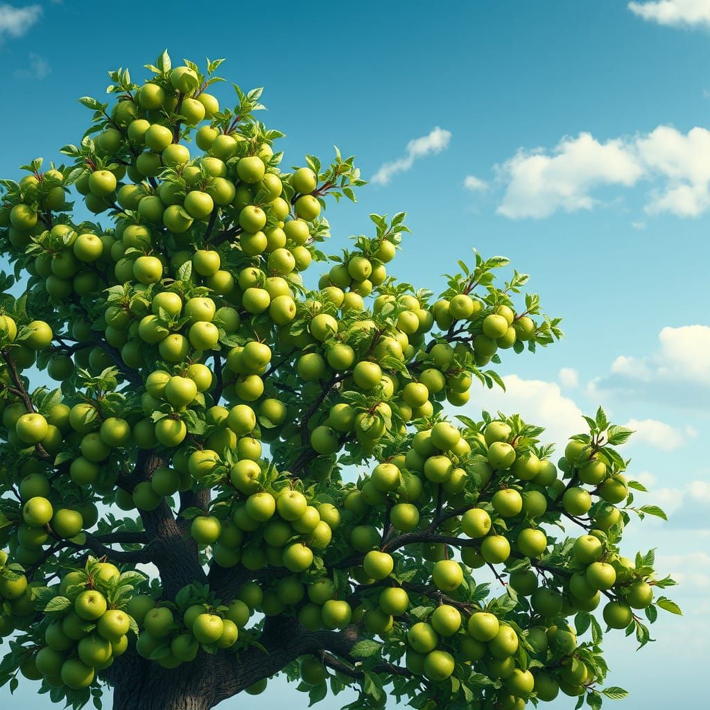 Vibrant Green Apple Tree with Emerald Apples in a Dreamlike...